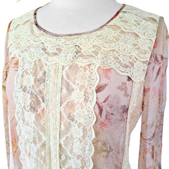 HAUTE HIPPIE Silk Chiffon Floral Print Blouse Lace Inset Sheer Top Size Medium - Picture 4 of 8